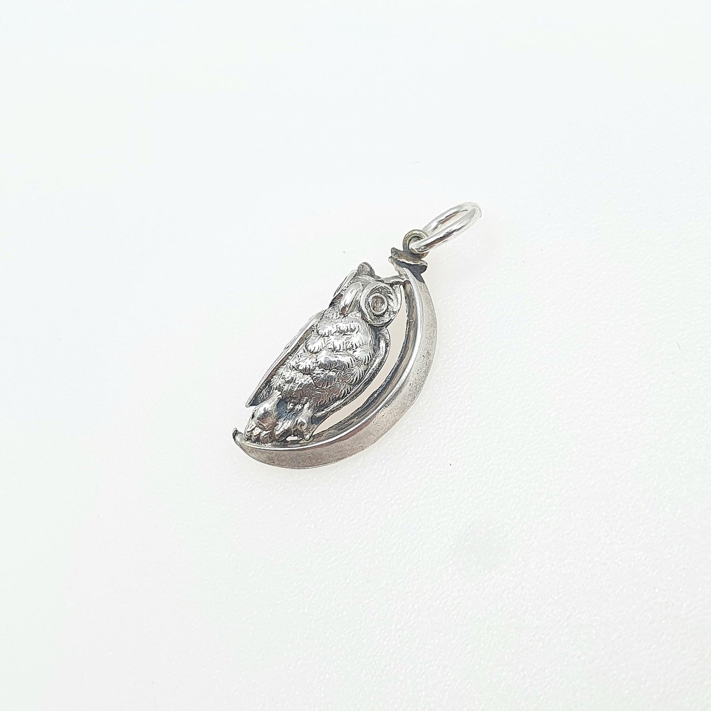 Antique Victorian Solid Silver Owl and Moon Charm Pendant Crescent Celestial Wise Bird Necklace Jewelry Vintage Jewellery