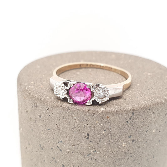 Antique 9ct Gold Pink Sapphire & Diamond Ring Art Deco Platinum Solid 9k 9kt Vintage Womens Jewelry Jewellery