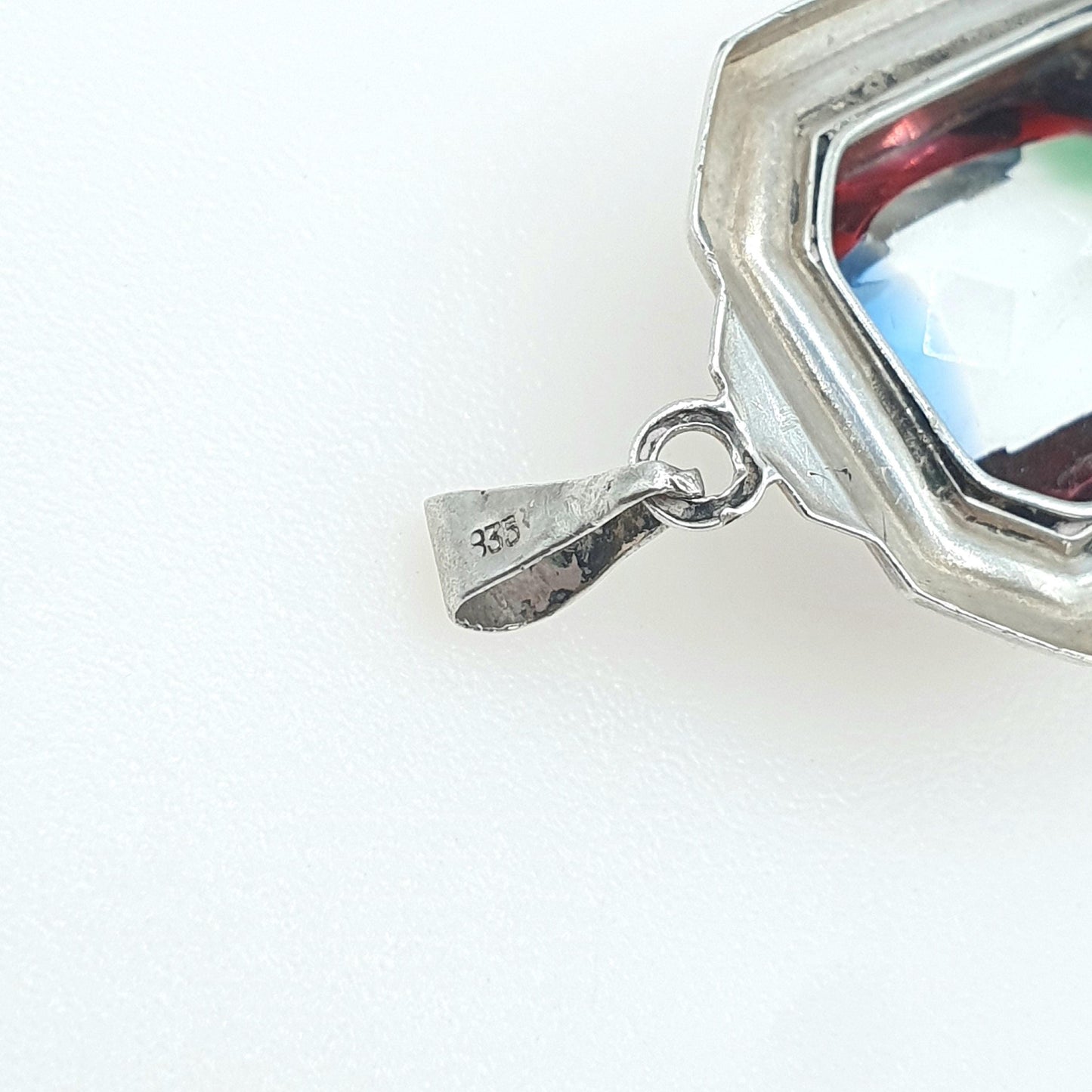 Antique Art Deco Solid Silver Rainbow Iris Glass Pendant Multi Coloured Rectangular Tutti Frutti Vintage Womens Jewellery Jewelry