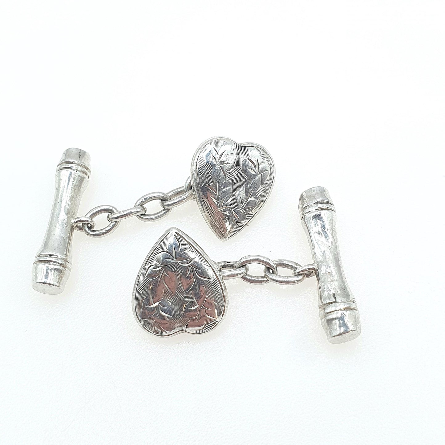 Antique Sterling Silver Heart Cuff Links Cufflinks Engraved 1903 Hallmark Love Gift Gent Mens Vintage Jewelry Jewellery