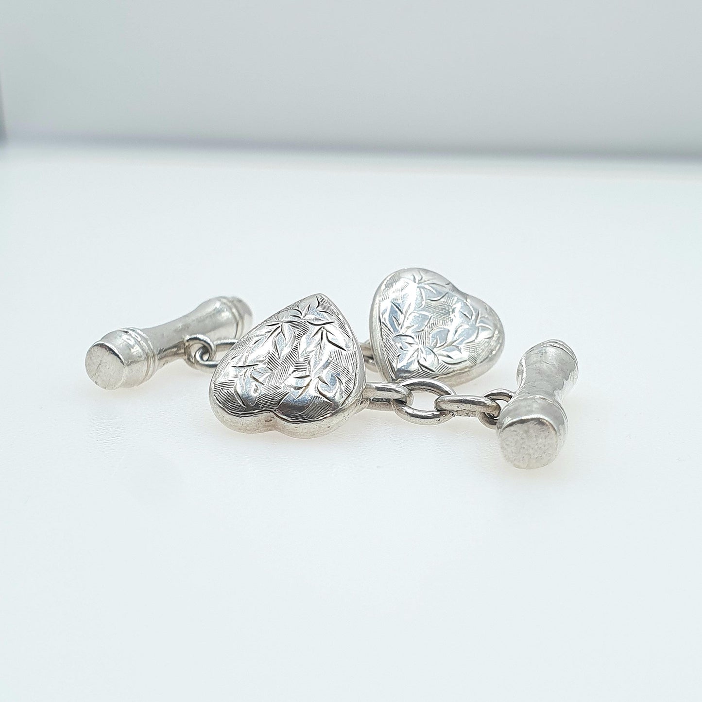 Antique Sterling Silver Heart Cuff Links Cufflinks Engraved 1903 Hallmark Love Gift Gent Mens Vintage Jewelry Jewellery
