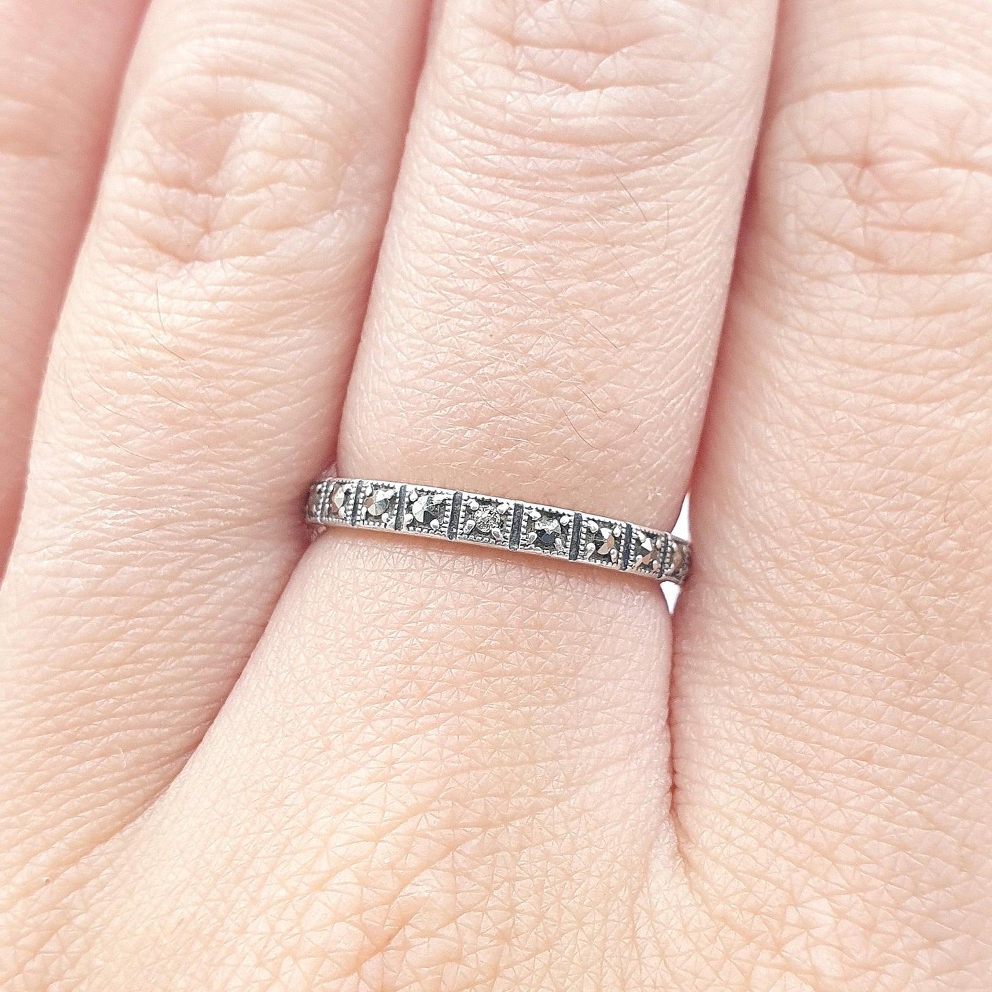 Antique Art Deco Solid Silver Marcasite Eternity Ring Square Sections Promise Gift Women’s Mens Jewelry Jewellery UK M.5 US 6.5