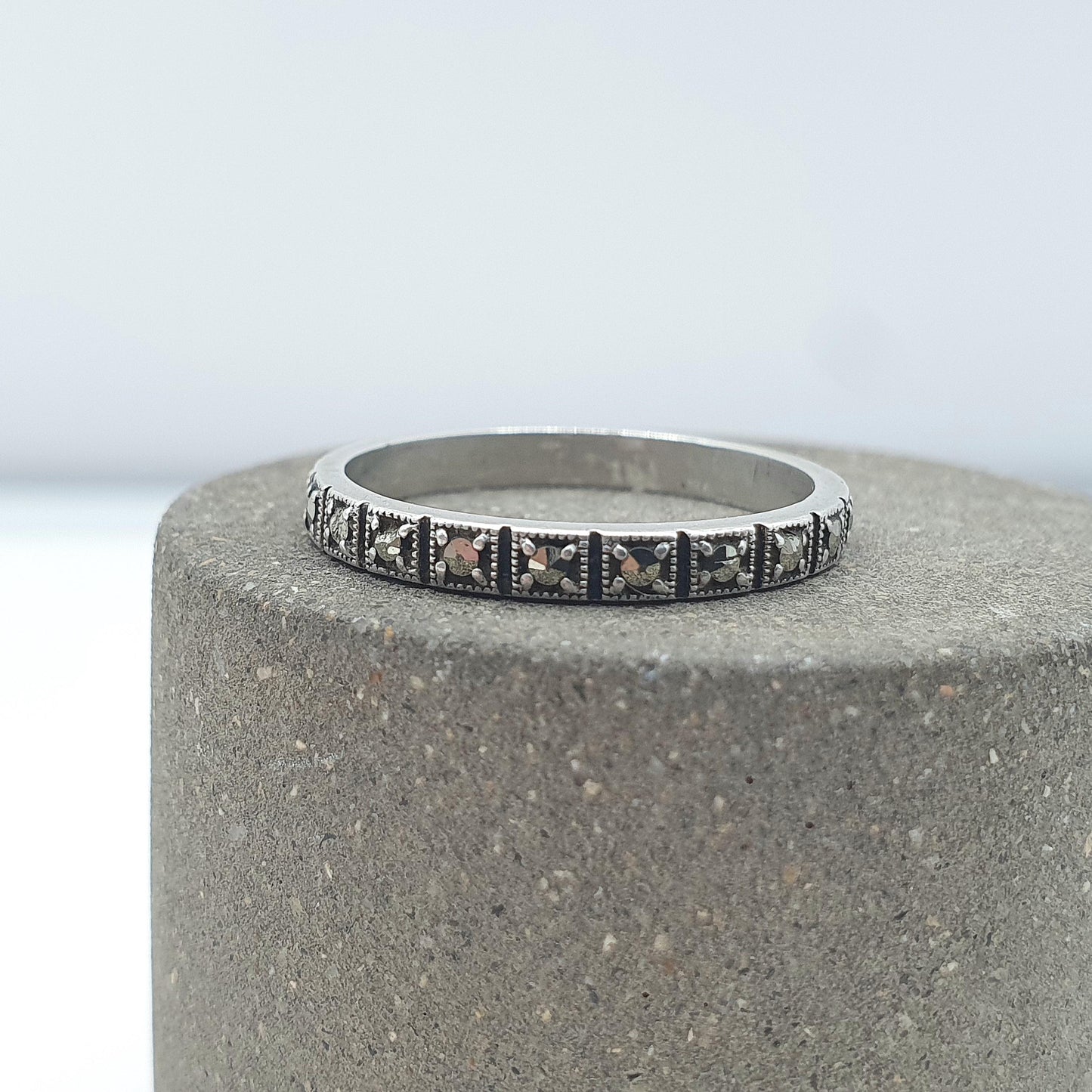 Antique Art Deco Solid Silver Marcasite Eternity Ring Square Sections Promise Gift Women’s Mens Jewelry Jewellery UK M.5 US 6.5