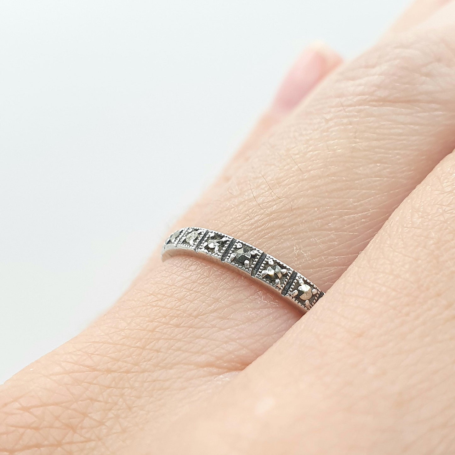 Antique Art Deco Solid Silver Marcasite Eternity Ring Square Sections Promise Gift Women’s Mens Jewelry Jewellery UK M.5 US 6.5