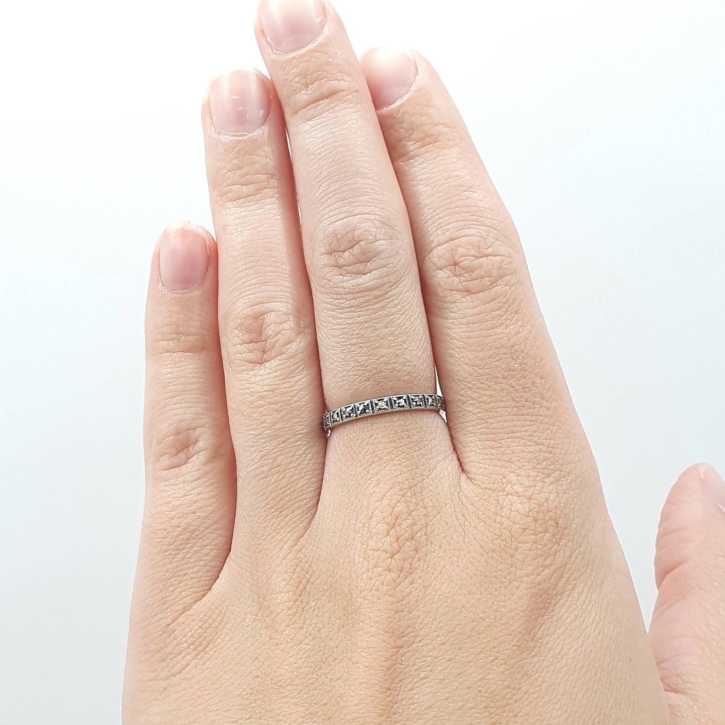 Antique Art Deco Solid Silver Marcasite Eternity Ring Square Sections Promise Gift Women’s Mens Jewelry Jewellery UK M.5 US 6.5