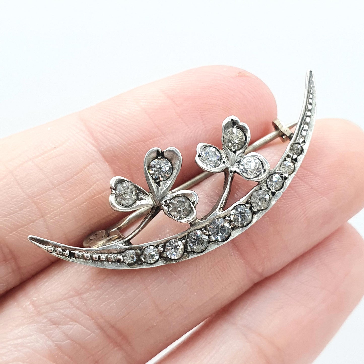 Antique Victorian Solid Silver Diamond Paste Crescent Moon Clover Brooch Luck Celestial Vintage Womens Jewellery Jewelry