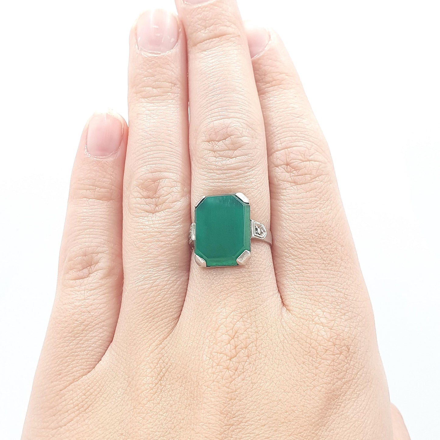 Antique Art Deco Solid Silver Chrysoprase Ring Rectangular Cut Marcasite Shoulders Womens Jewelry Jewellery UK N US 6.5