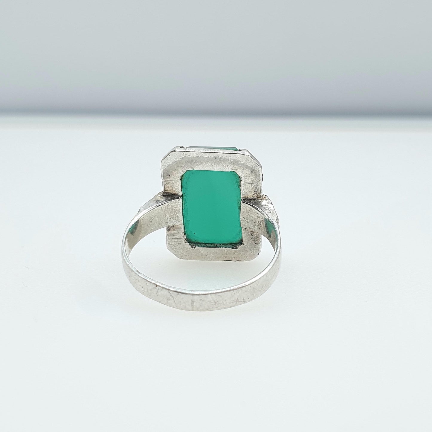 Antique Art Deco Solid Silver Chrysoprase Ring Rectangular Cut Marcasite Shoulders Womens Jewelry Jewellery UK N US 6.5