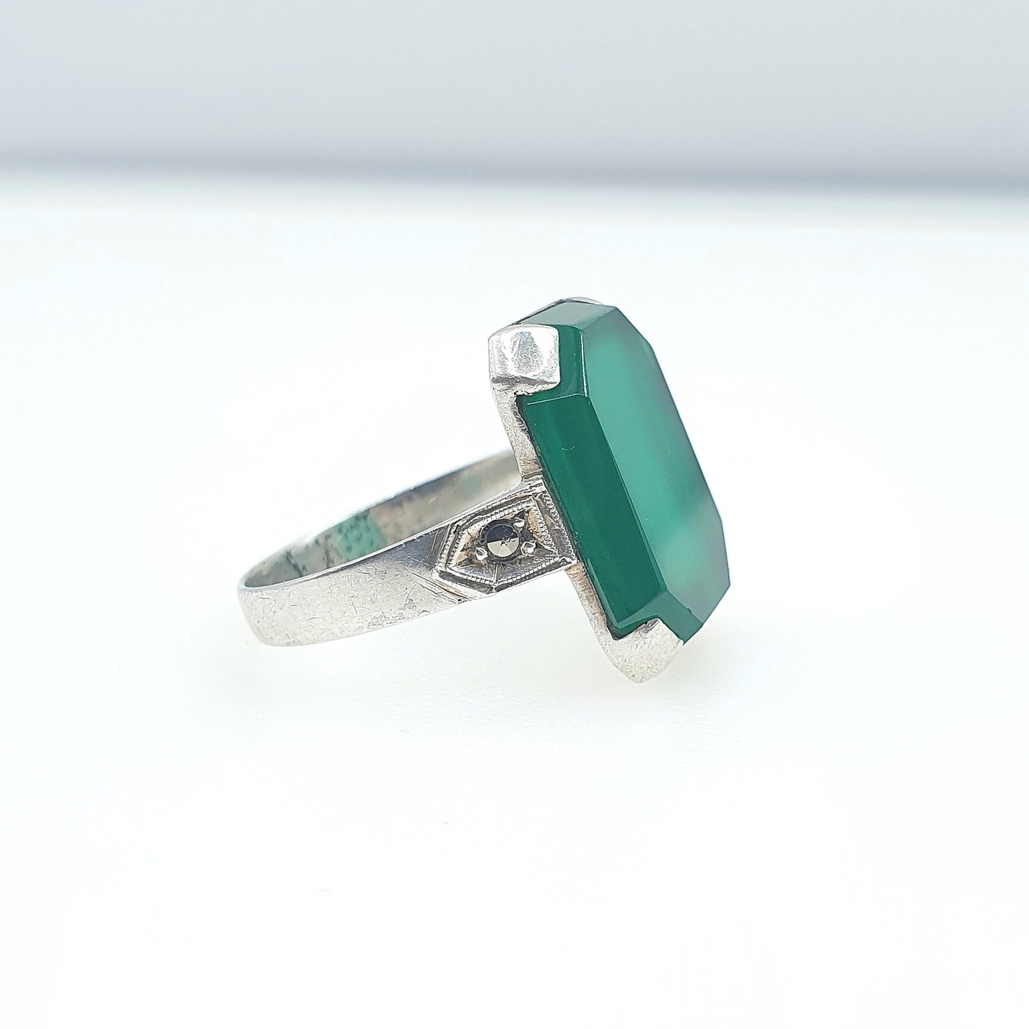 Antique Art Deco Solid Silver Chrysoprase Ring Rectangular Cut Marcasite Shoulders Womens Jewelry Jewellery UK N US 6.5