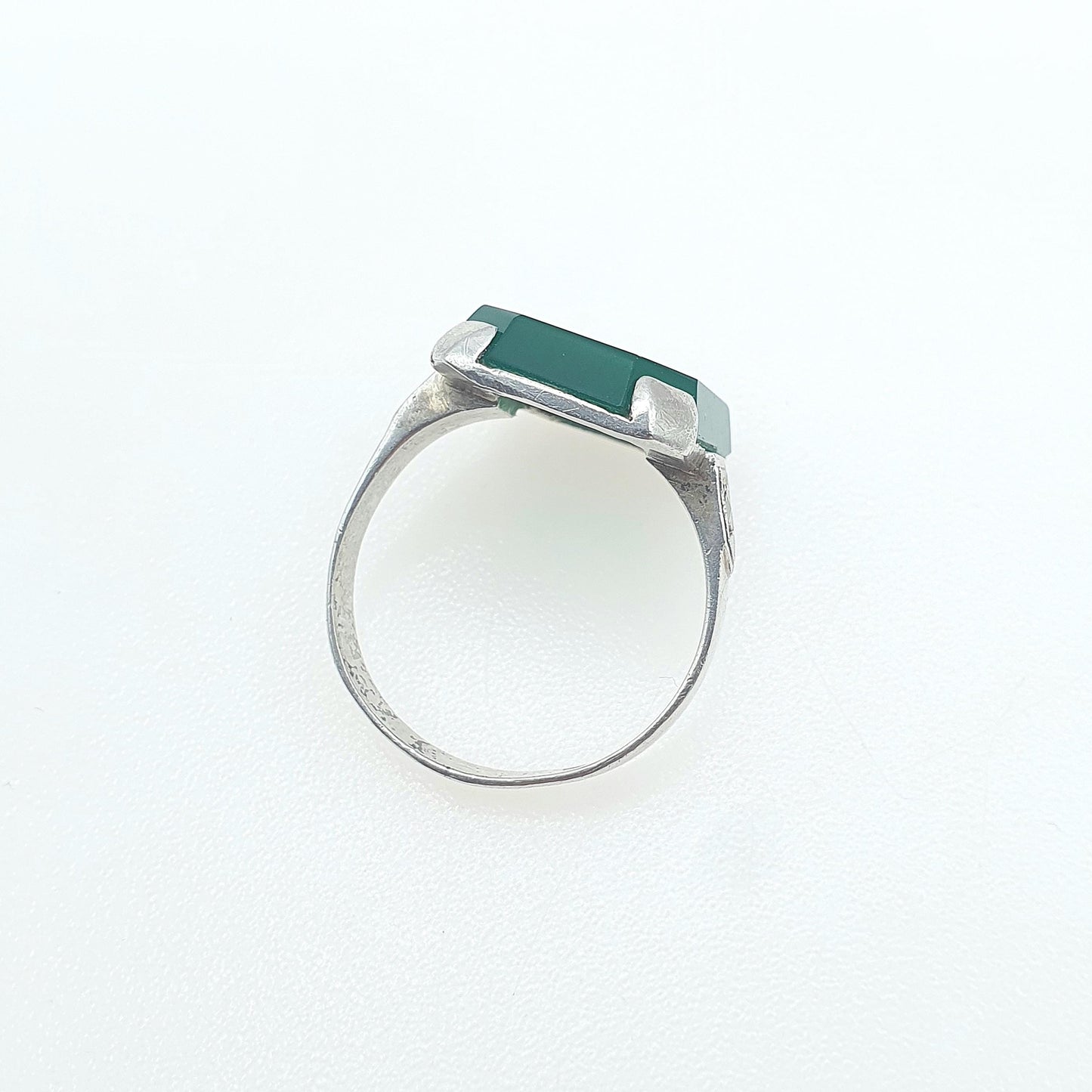 Antique Art Deco Solid Silver Chrysoprase Ring Rectangular Cut Marcasite Shoulders Womens Jewelry Jewellery UK N US 6.5