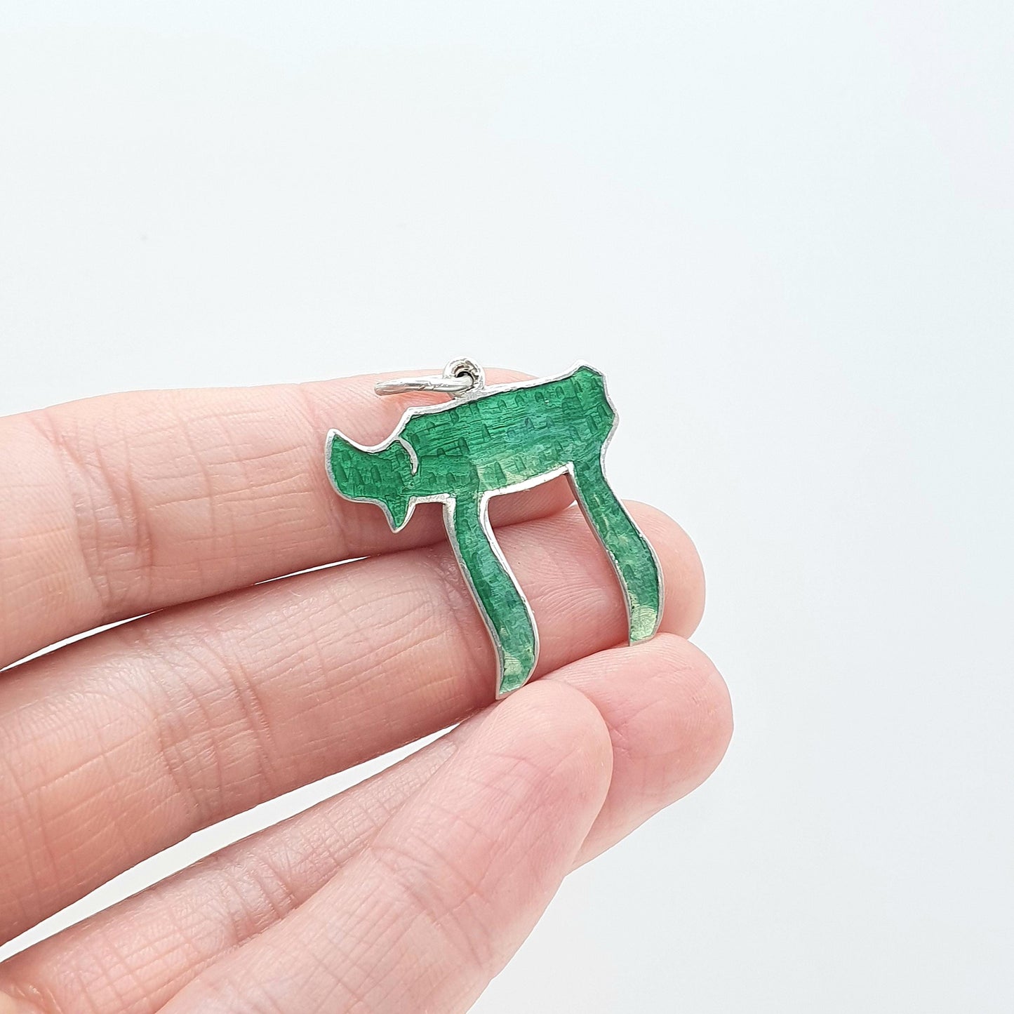 Vintage Sterling Silver Chai Symbol Pendant Hebrew Symbol of Life  Green Enamel Mens Womens Jewelry Jewellery