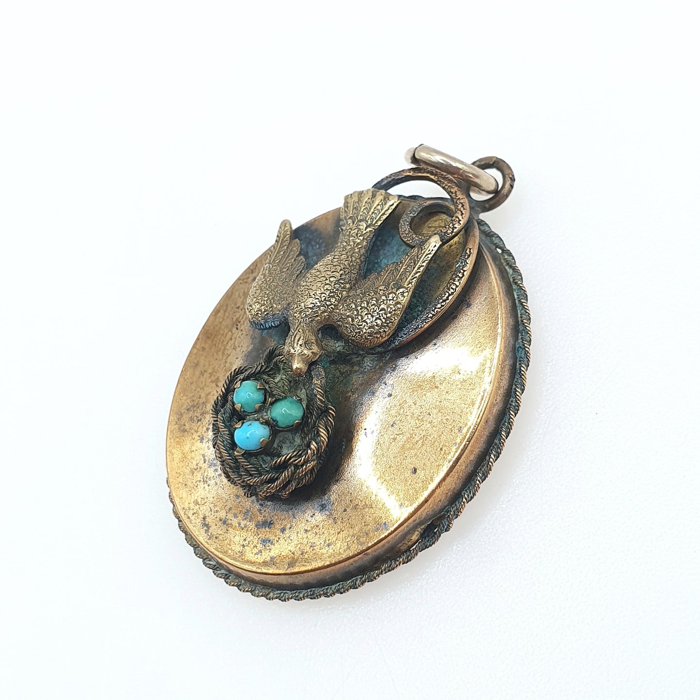 Antique Victorian Bird & Nest Turquoise Pendant Swallow with Eggs Gold Tone Genuine Gemstone Vintage Necklace Jewellery Jewelry
