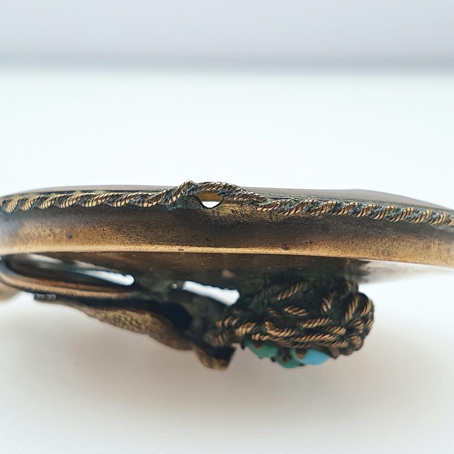 Antique Victorian Bird & Nest Turquoise Pendant Swallow with Eggs Gold Tone Genuine Gemstone Vintage Necklace Jewellery Jewelry