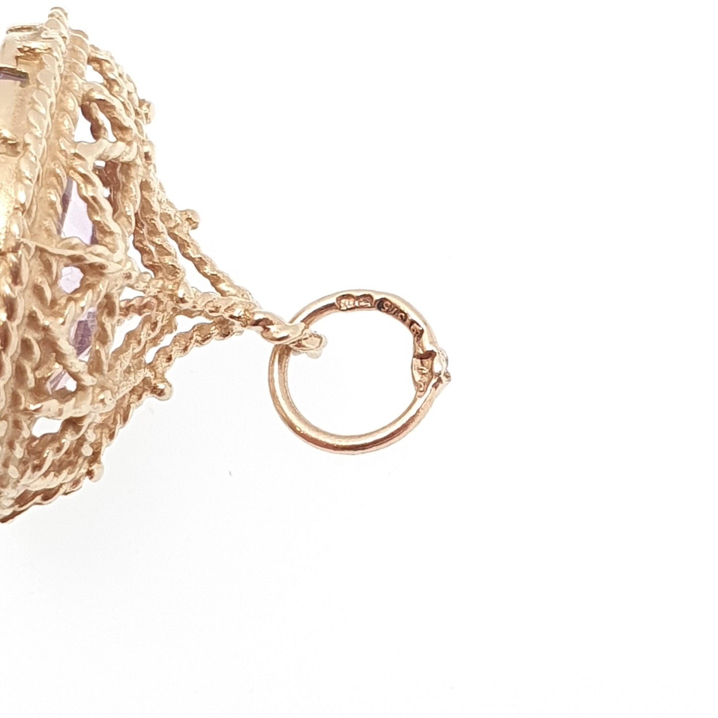 Vintage 9ct 9k Gold Amethyst Fob Pendant Necklace Rope Border Large Big Gemstone Victorian Style Jewellery Jewelry