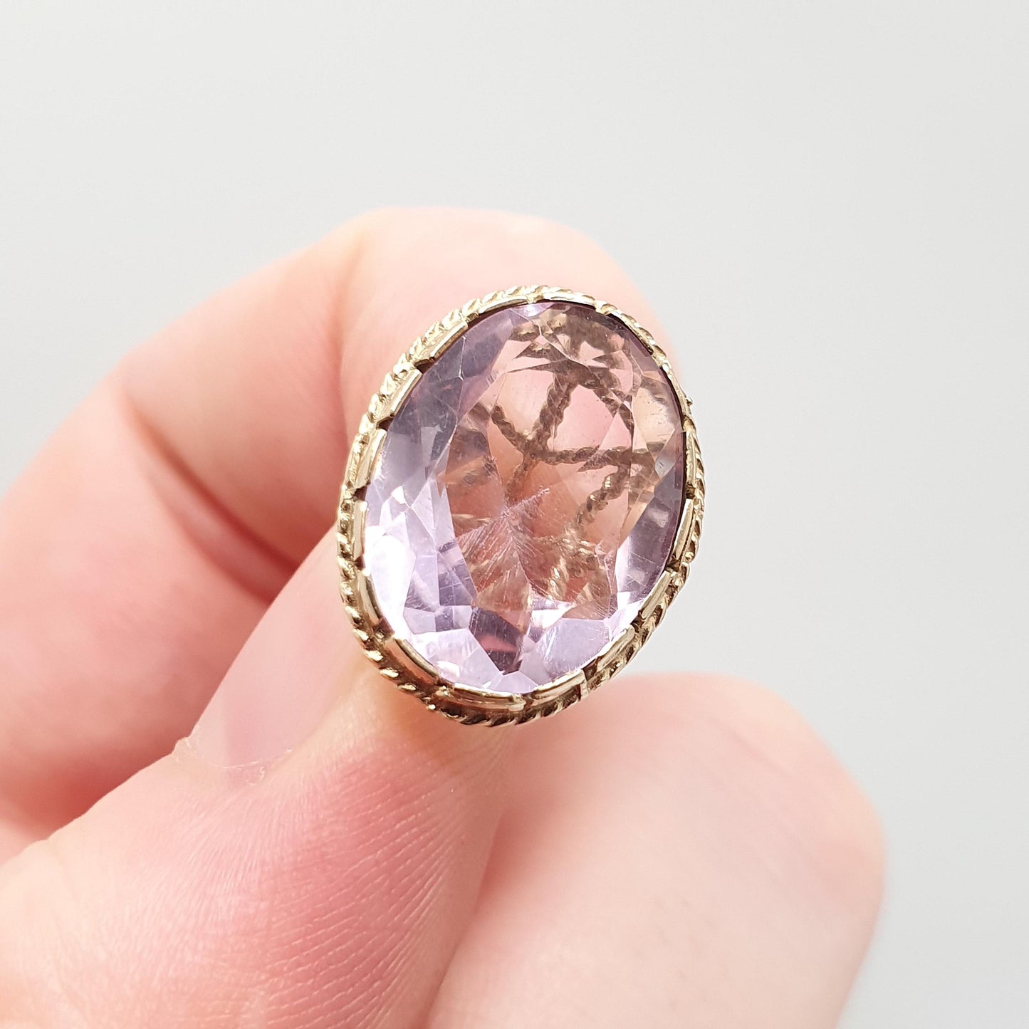 Vintage 9ct 9k Gold Amethyst Fob Pendant Necklace Rope Border Large Big Gemstone Victorian Style Jewellery Jewelry