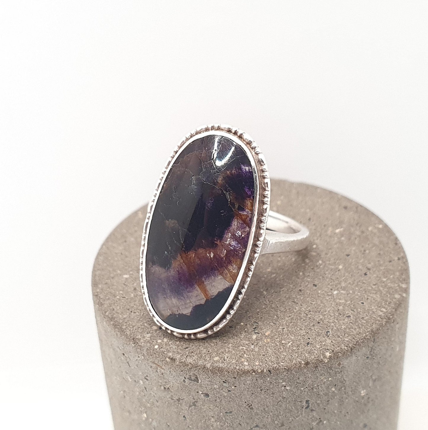 Antique Blue John Sterling Silver Ring Art Deco Large Signet Bleu Jaune Womens Rare Gemstone Jewelry Jewellery