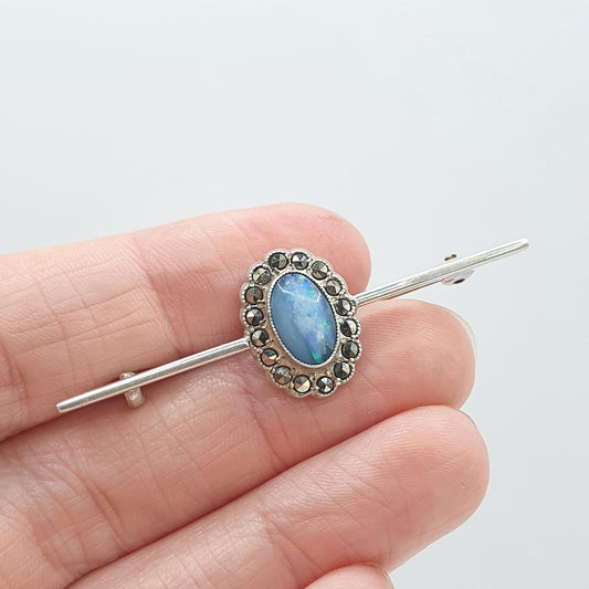 Antique Sterling Silver Black Opal Brooch Marcasite Halo Art Deco Genuine Opal Vintage Womens Jewelry Jewellery