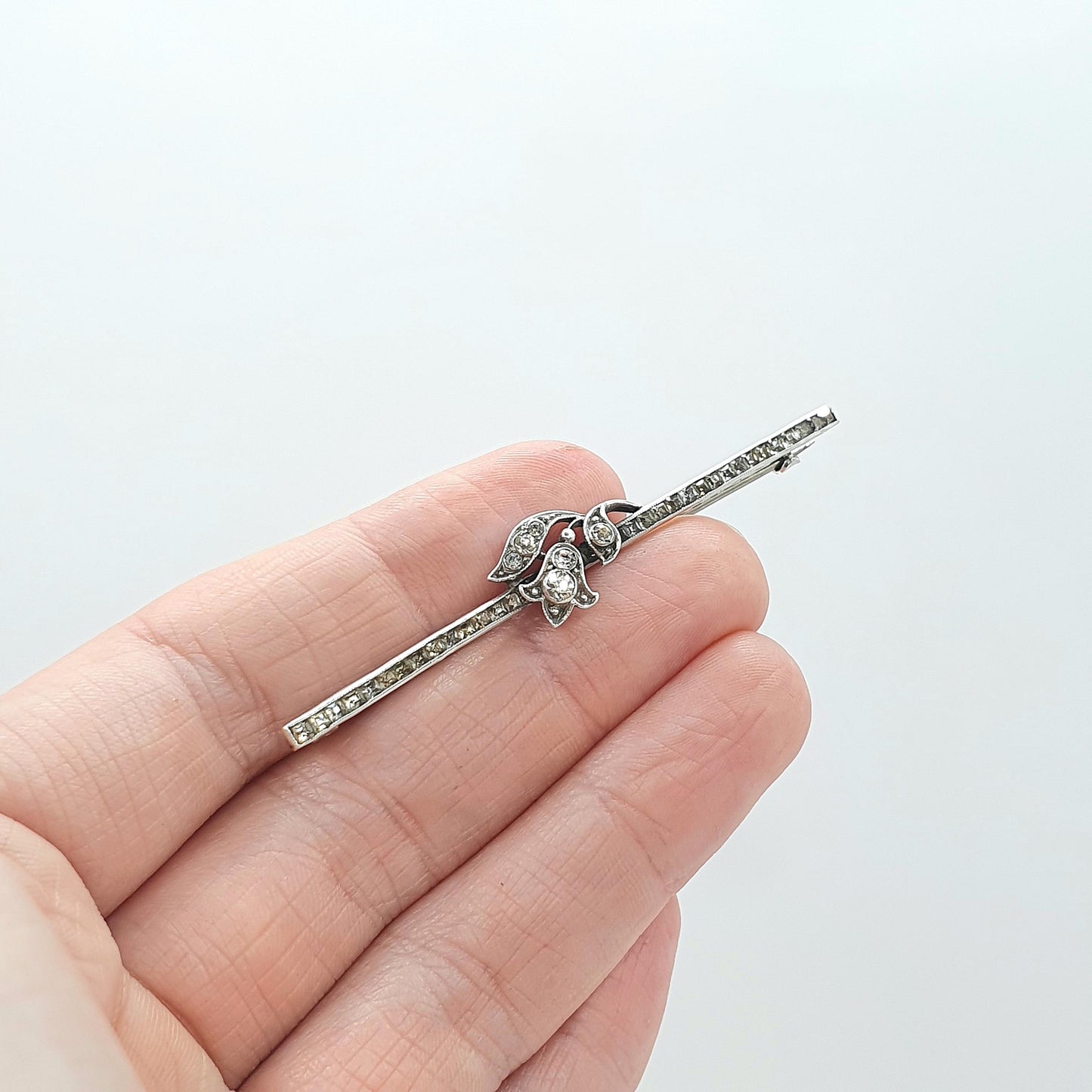 Antique Solid Silver Diamond Paste Flower Brooch Channel Set Square Cut Art Deco Floral Womens Mens Jewellery Jewelry