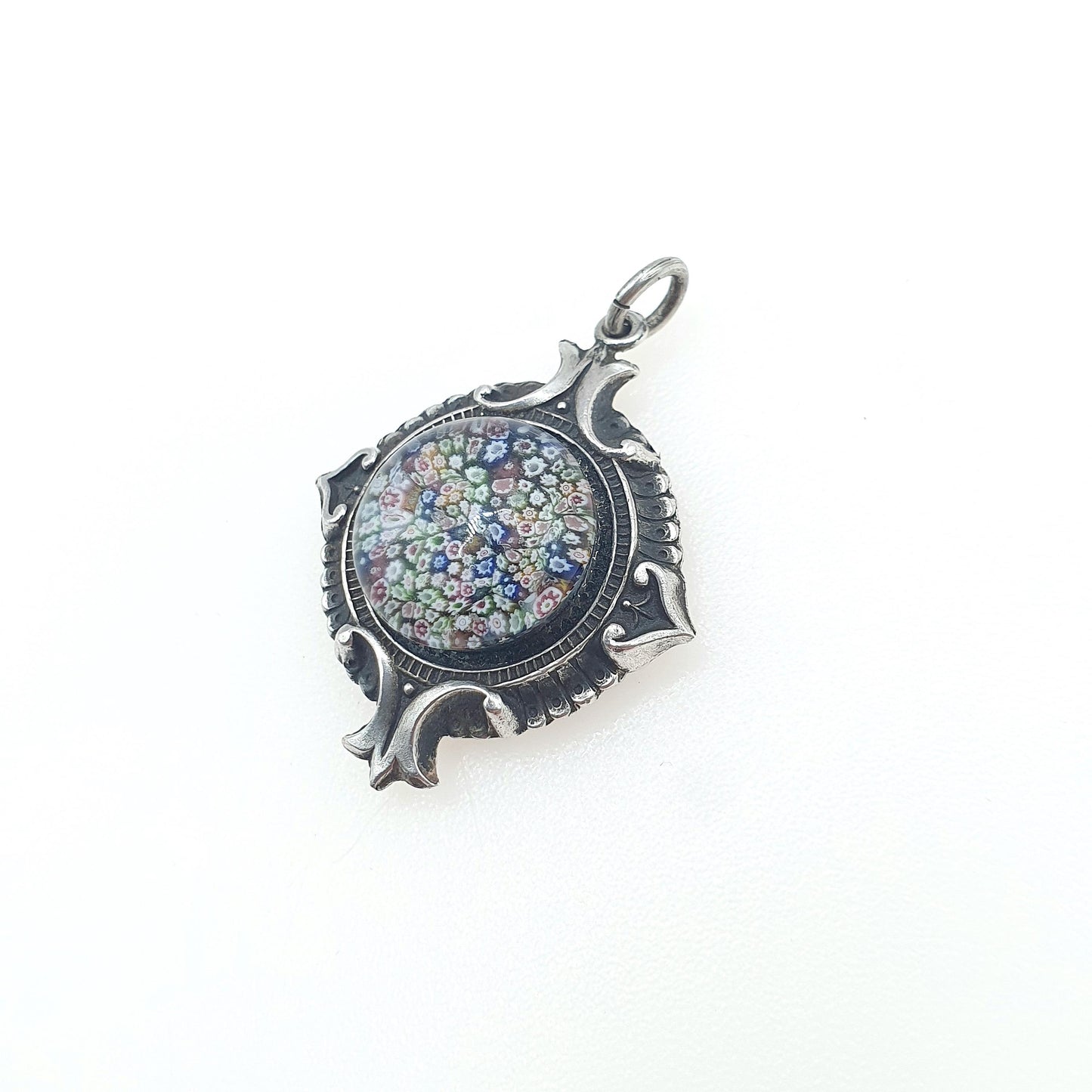 Antique Victorian Solid Silver Millefiori Pendant Venetian Murano Glass Genuine 1800s Etruscan Womens Jewelry Jewellery Mens