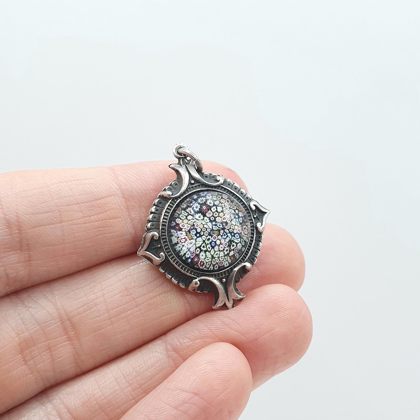 Antique Victorian Solid Silver Millefiori Pendant Venetian Murano Glass Genuine 1800s Etruscan Womens Jewelry Jewellery Mens