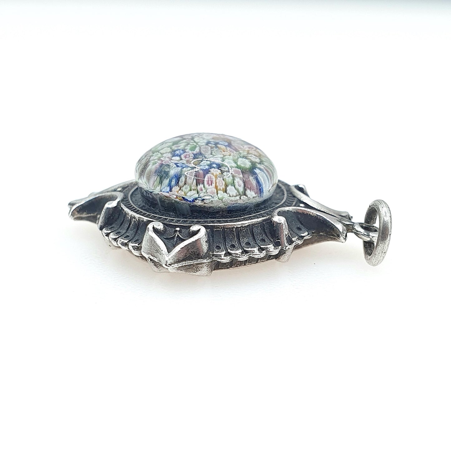 Antique Victorian Solid Silver Millefiori Pendant Venetian Murano Glass Genuine 1800s Etruscan Womens Jewelry Jewellery Mens
