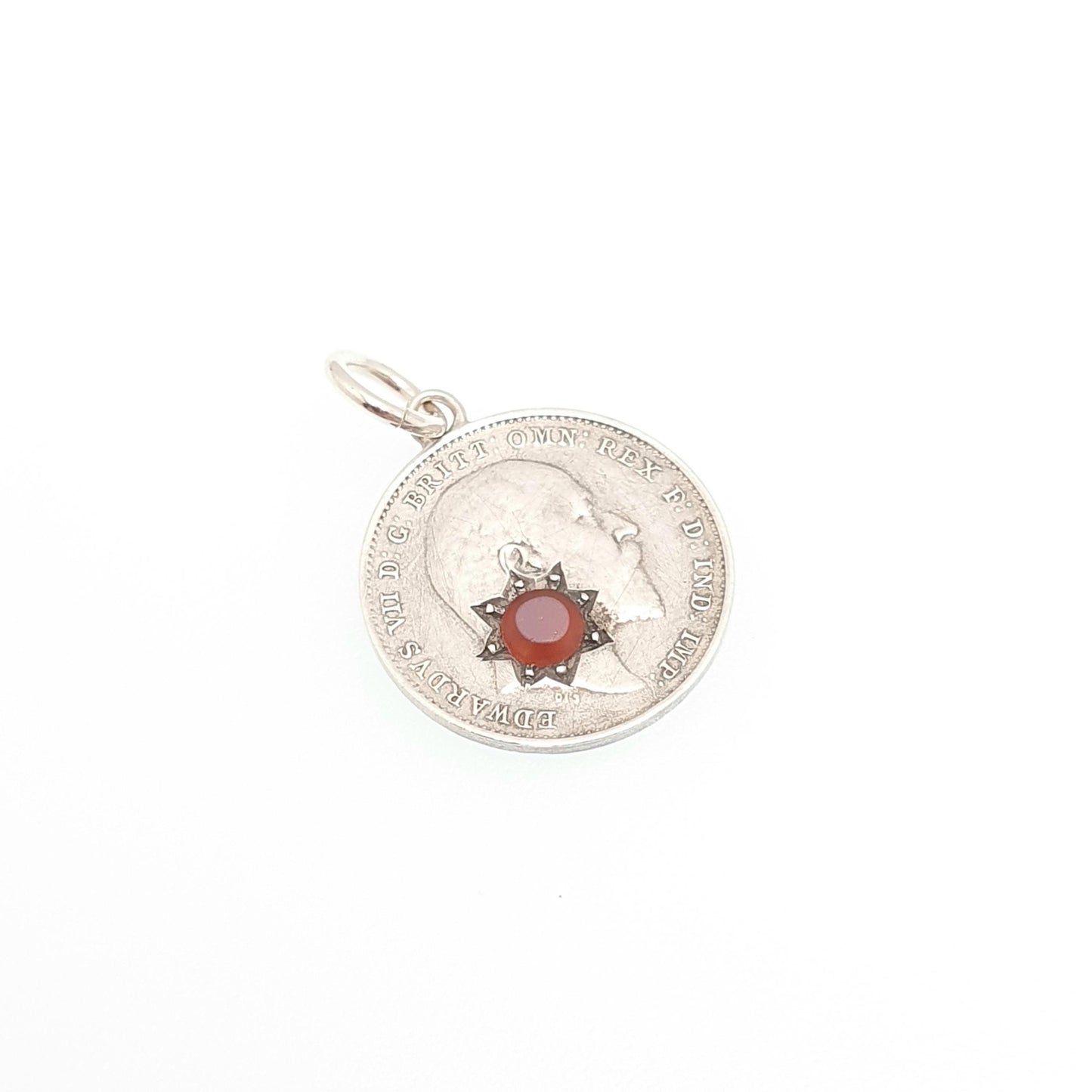 Antique Sterling Silver Love Token Coin Necklace Pendant Faux Sardonyx Star Charm Edwardian Threepence Vintage 1900s Jewelry Jewellery