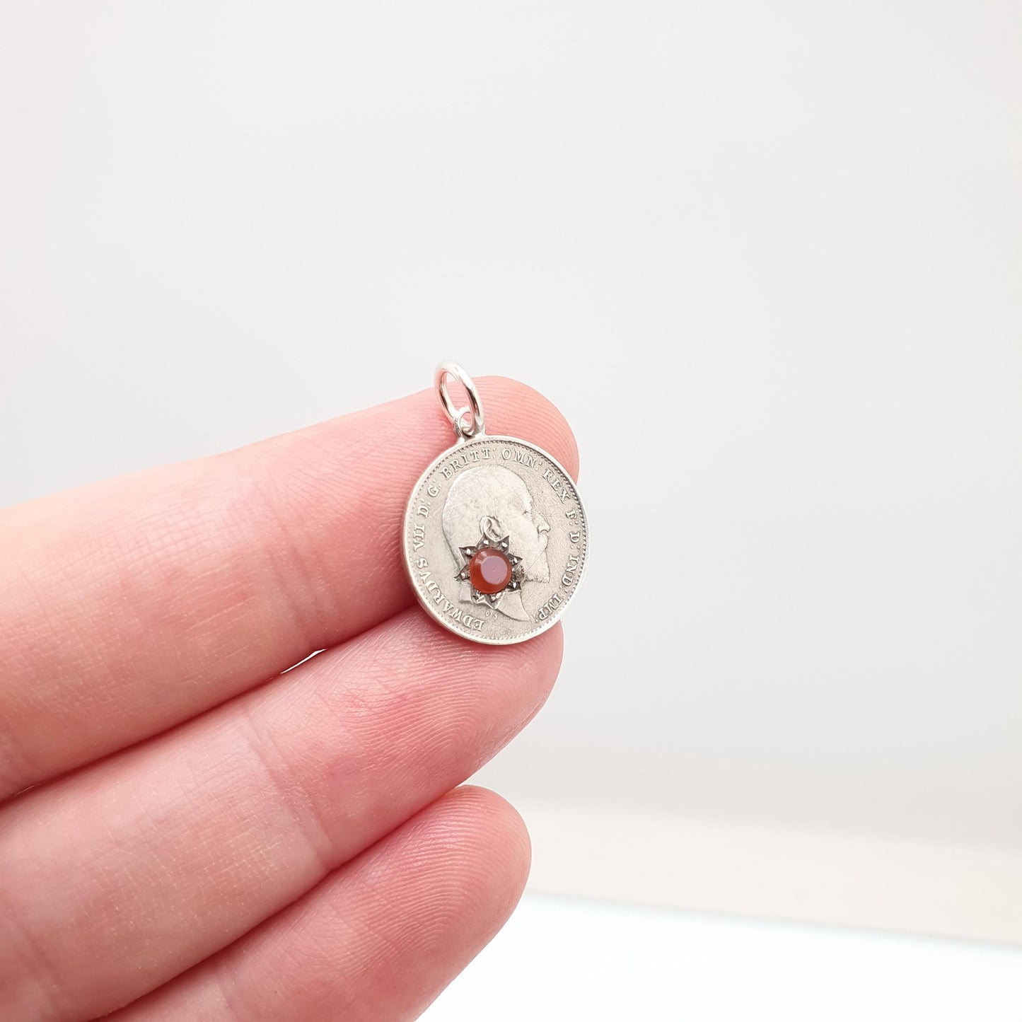 Antique Sterling Silver Love Token Coin Necklace Pendant Faux Sardonyx Star Charm Edwardian Threepence Vintage 1900s Jewelry Jewellery