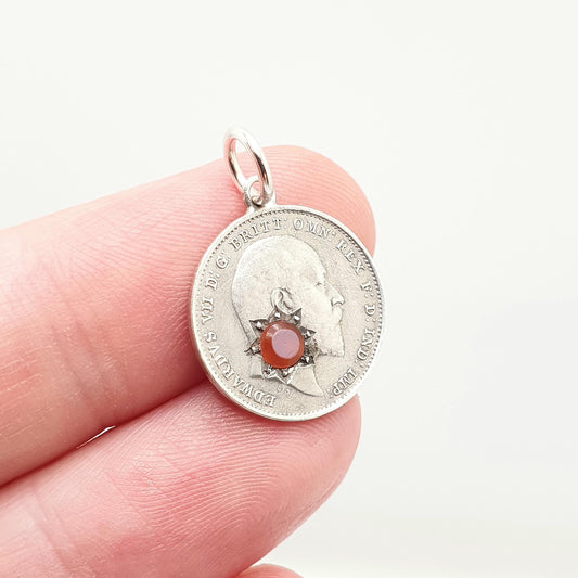 Antique Sterling Silver Love Token Coin Necklace Pendant Faux Sardonyx Star Charm Edwardian Threepence Vintage 1900s Jewelry Jewellery