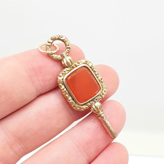 Antique Georgian Rolled Gold Carnelian Pocket Watch Key Fob Pendant Chased Necklace Gold Filled Vintage Jewellery Jewelry