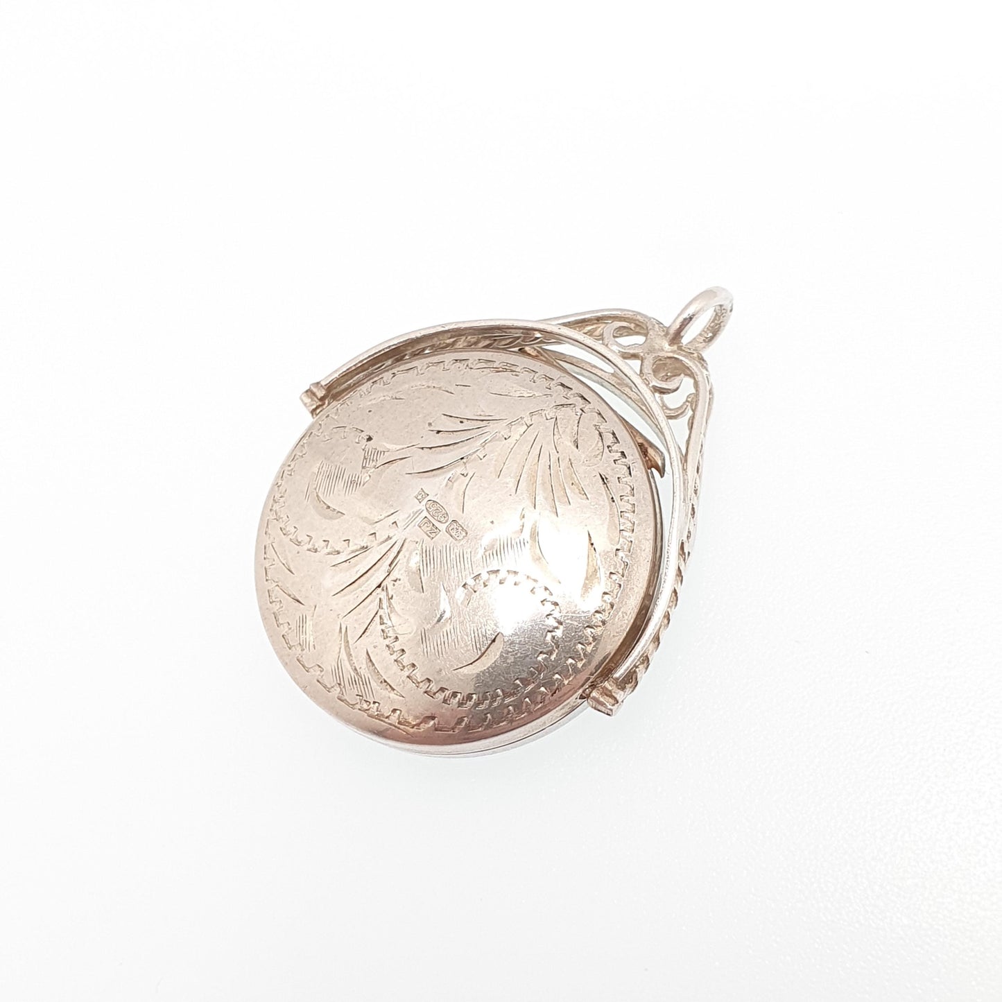 Vintage Sterling Silver Spinner Locket Pendant Fob Necklace Spinning Rotating Engraved Large Big Jewelry