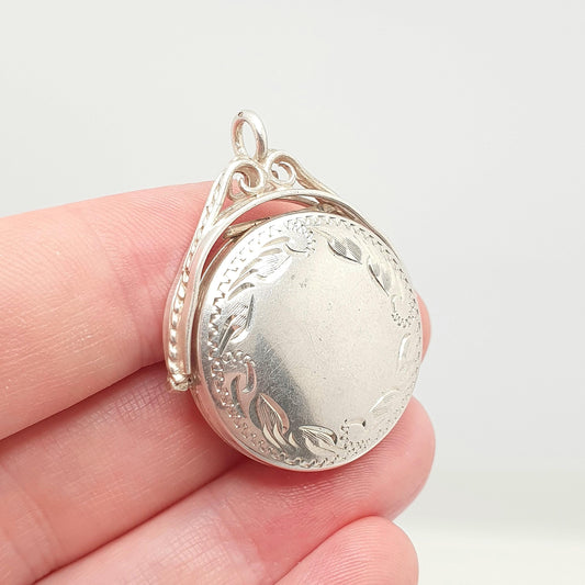Vintage Sterling Silver Spinner Locket Pendant Fob Necklace Spinning Rotating Engraved Large Big Jewelry