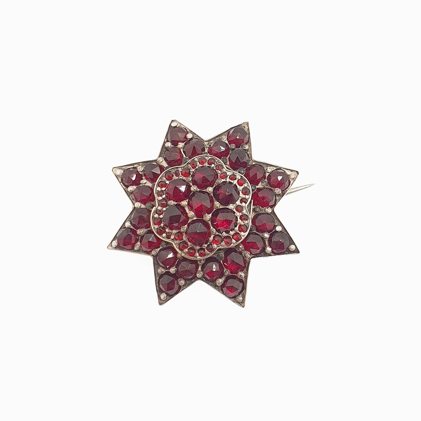 Antique Victorian Bohemian Garnet Star Brooch Starburst Rolled Gold Renaissance Revival Pyrope Vintage Jewelry Jewellery