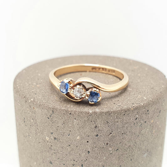 Antique Sapphire & Diamond Ring 18k 18ct Solid Gold 750 Trilogy Old Cut Genuine Natural Gemstone Vintage Jewelry Jewellery