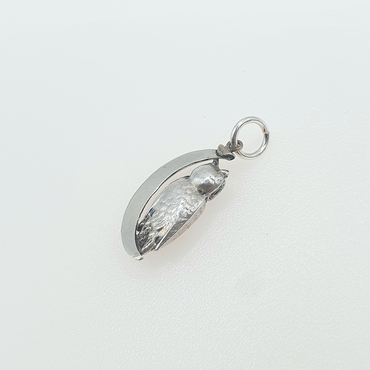 Antique Victorian Solid Silver Owl and Moon Charm Pendant Crescent Celestial Wise Bird Necklace Jewelry Vintage Jewellery