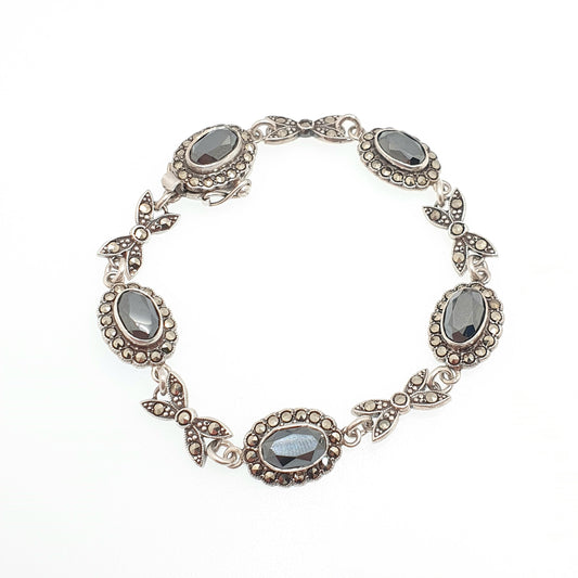 Antique Art Deco Solid Silver Hematite Bracelet Marcasite 1920s Vintage Flapper Black Gemstone Sparkly Womens Jewelry