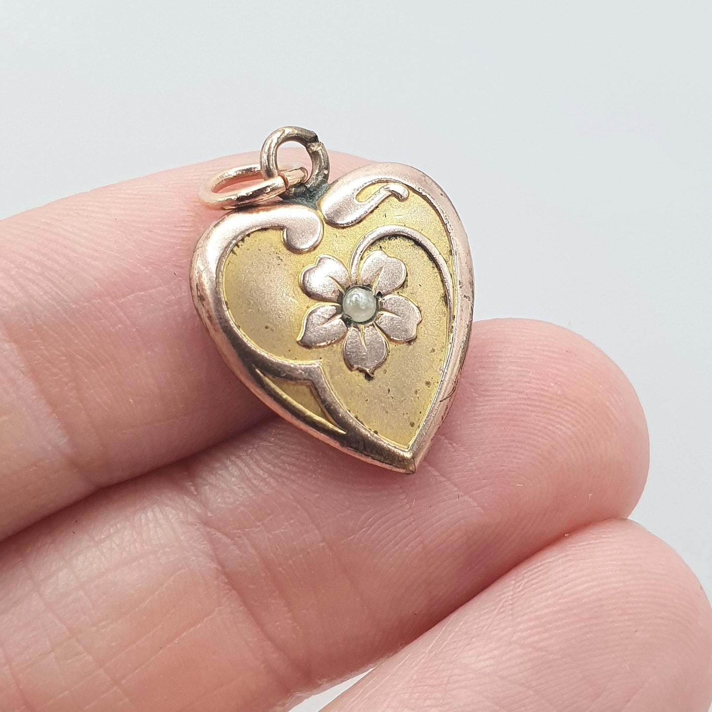 Antique Rolled Rose Gold Heart Pendant Flower and Faux Pearl Puffer Gold Filled Vintage Jewelry Jewellery
