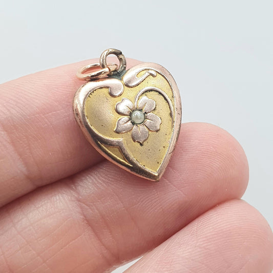 Antique Rolled Rose Gold Heart Pendant Flower and Faux Pearl Puffer Gold Filled Vintage Jewelry Jewellery