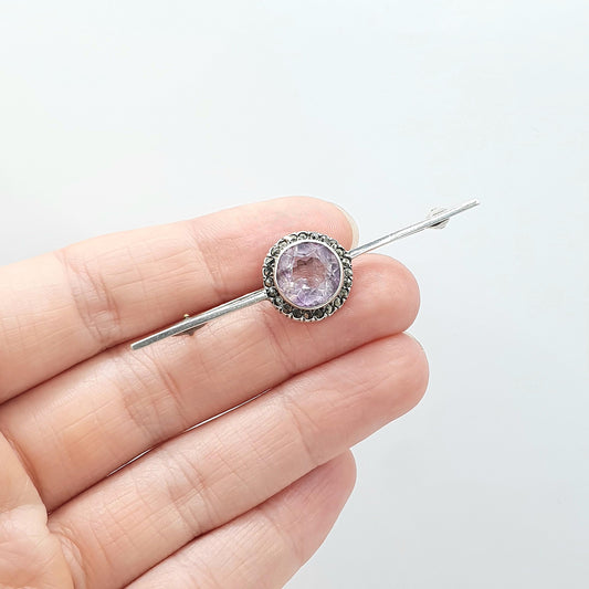 Antique Solid Silver Natural Amethyst Brooch Marcasite Cluster Halo Art Deco Purple Quartz Gemstone Vintage Womens Unisex Jewelry