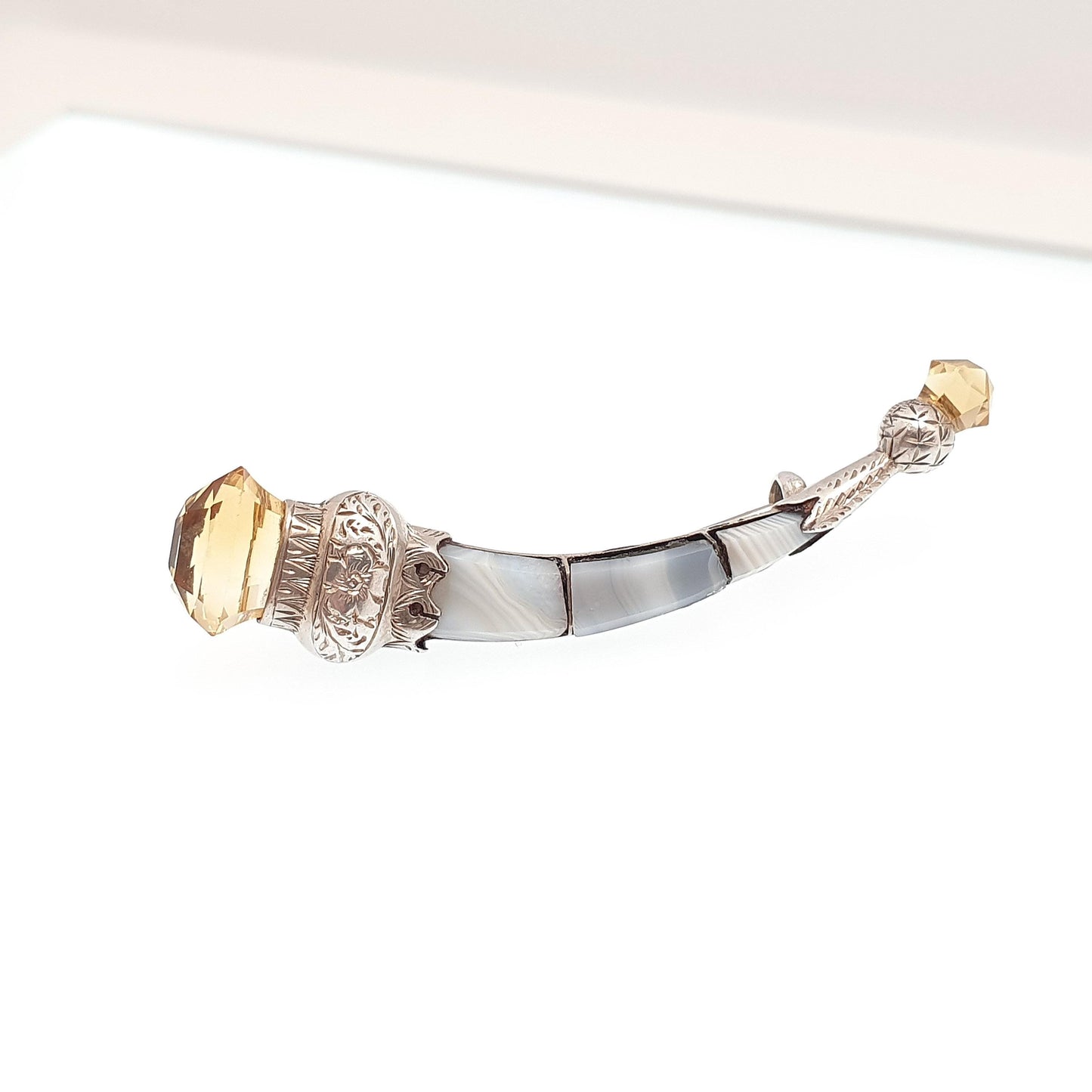 Antique Victorian Sterling Silver Citrine Brooch Crescent Moon Horn Montrose Lace Agate Scottish Pin Gemstone Vintage Jewelry Jewellery