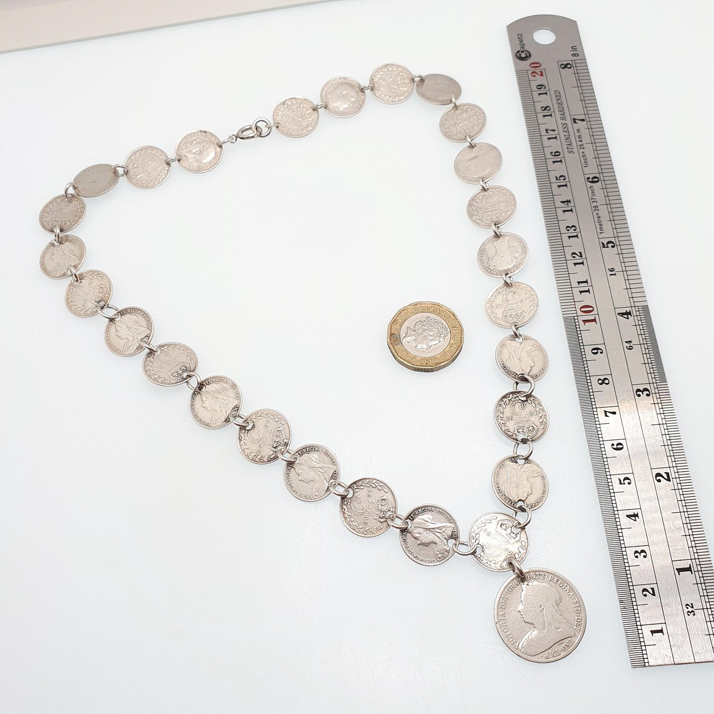 Antique Sterling Silver Coin Necklace Threepence Shilling Chain Vintage Womens Jewelry Jewellery