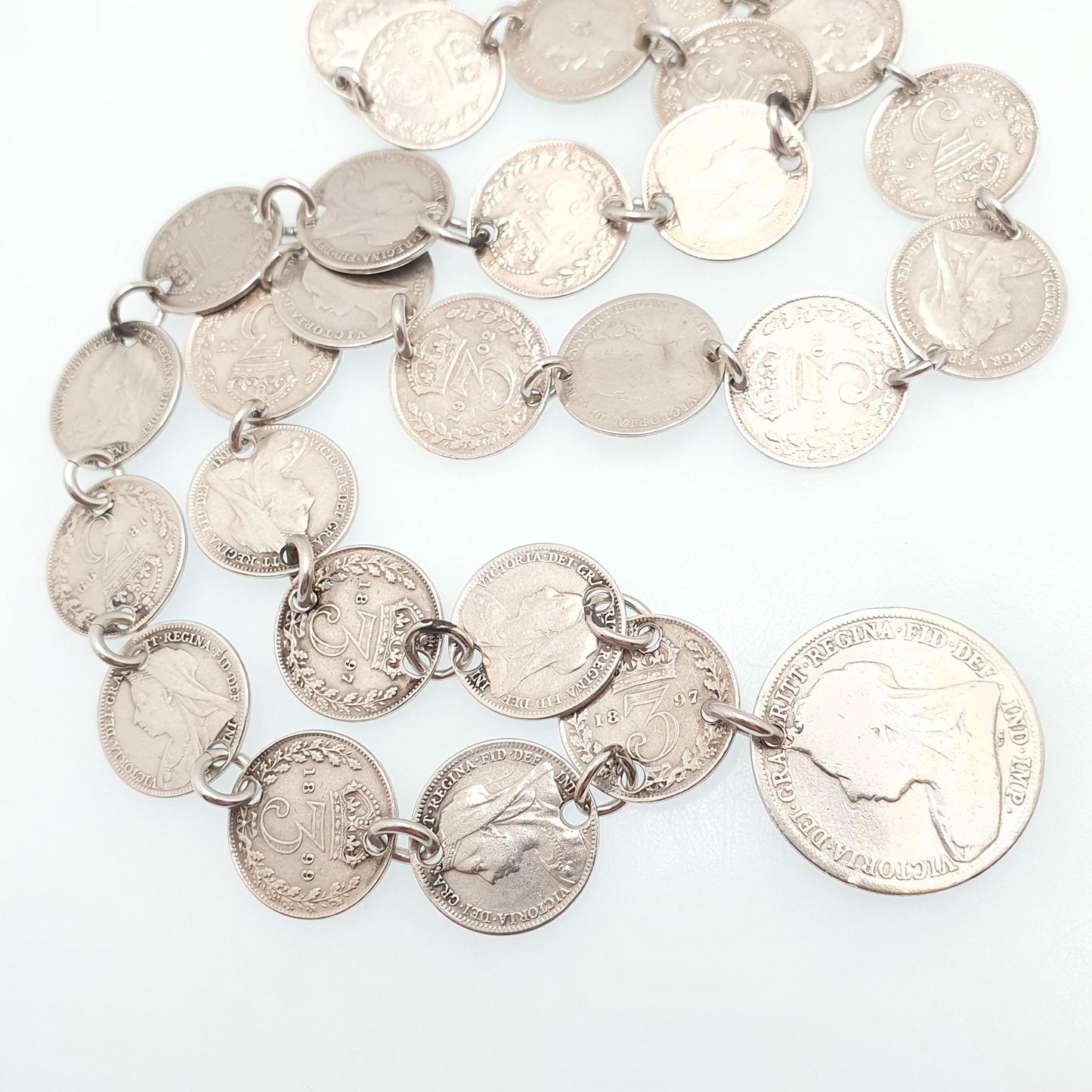Antique Sterling Silver Coin Necklace Threepence Shilling Chain Vintage Womens Jewelry Jewellery