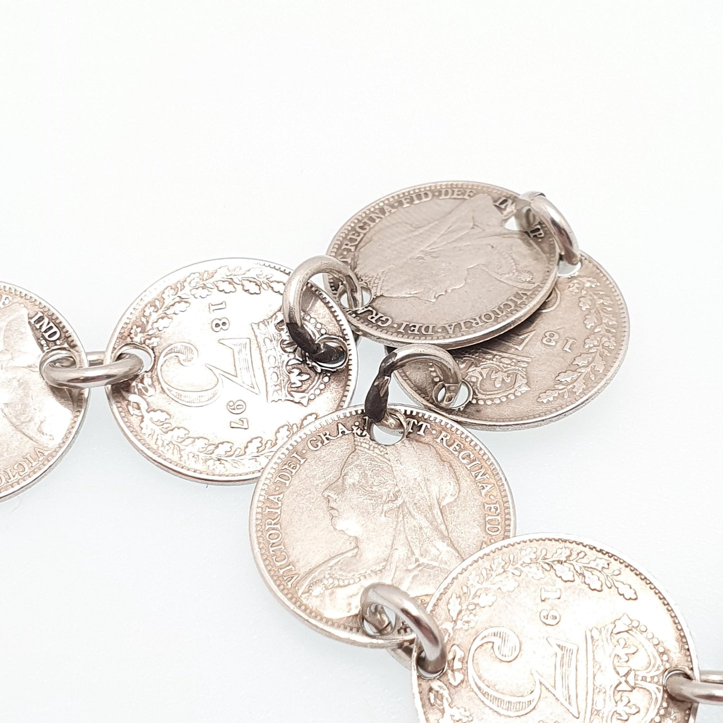 Antique Sterling Silver Coin Necklace Threepence Shilling Chain Vintage Womens Jewelry Jewellery
