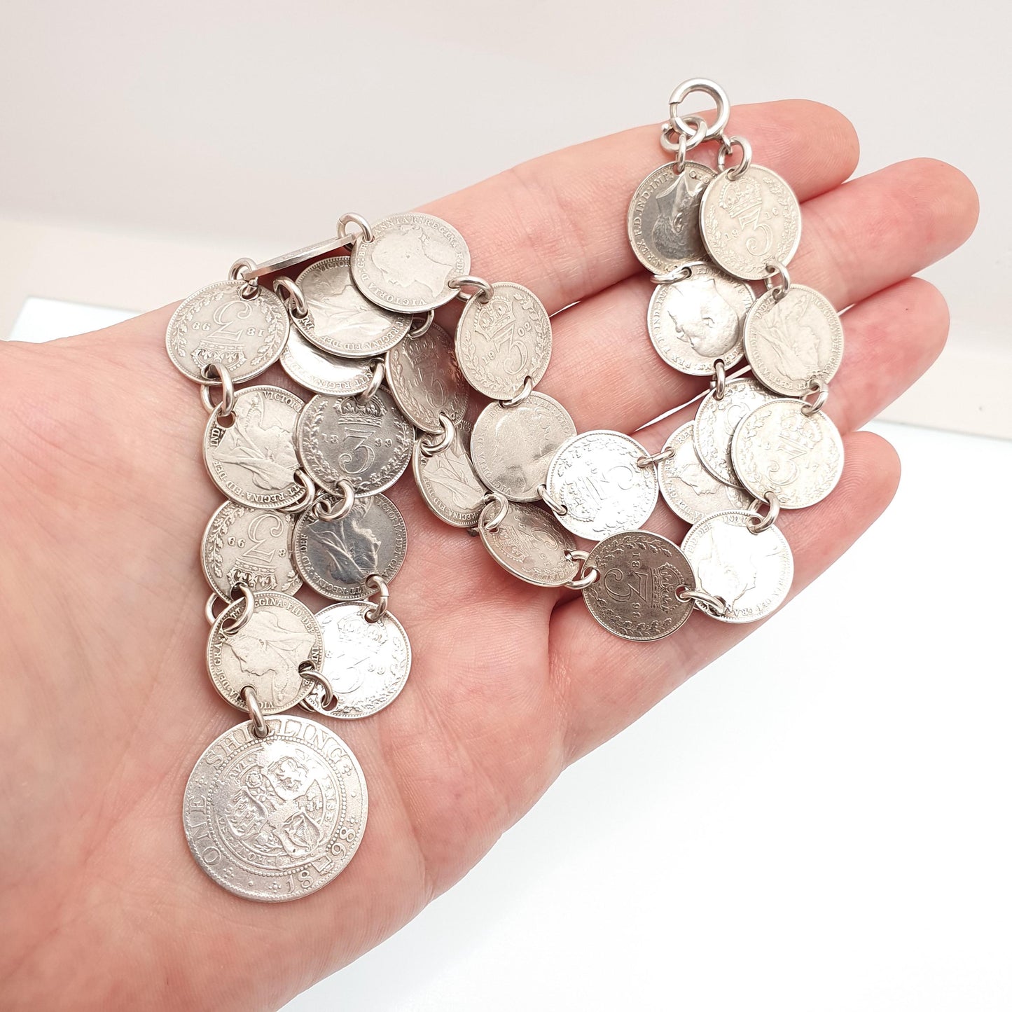Antique Sterling Silver Coin Necklace Threepence Shilling Chain Vintage Womens Jewelry Jewellery