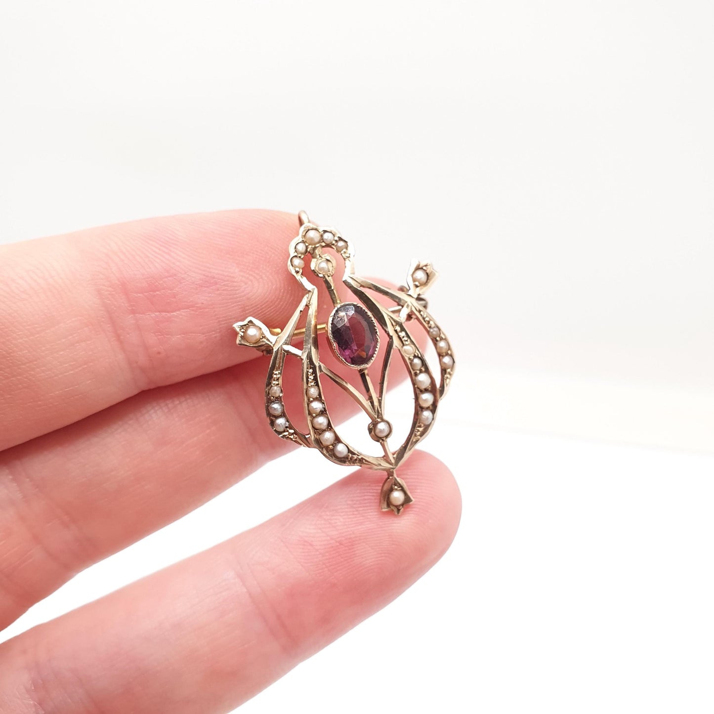 Antique 9ct Gold Amethyst Pendant Necklace Seed Pearl Brooch Edwardian Solid 375 Gemstone Vintage Jewellery Jewelry