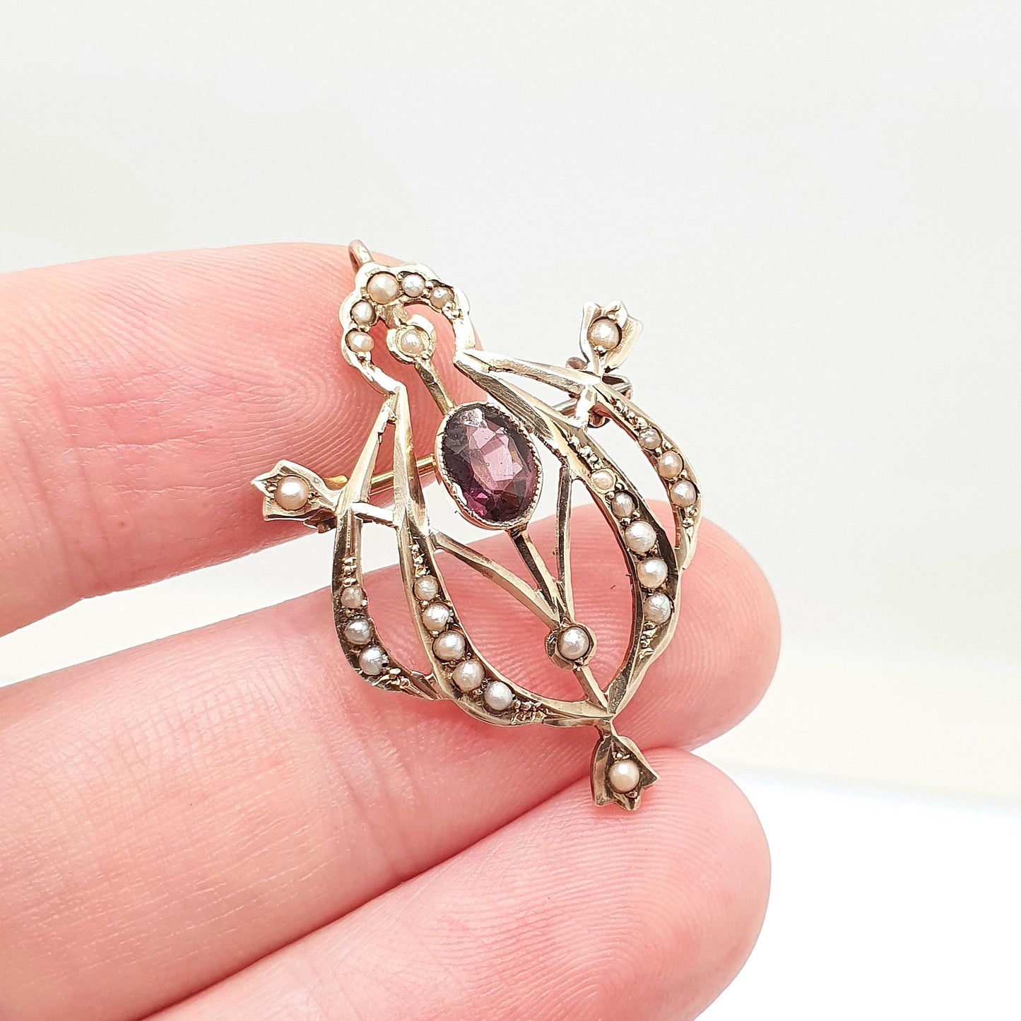 Antique 9ct Gold Amethyst Pendant Necklace Seed Pearl Brooch Edwardian Solid 375 Gemstone Vintage Jewellery Jewelry