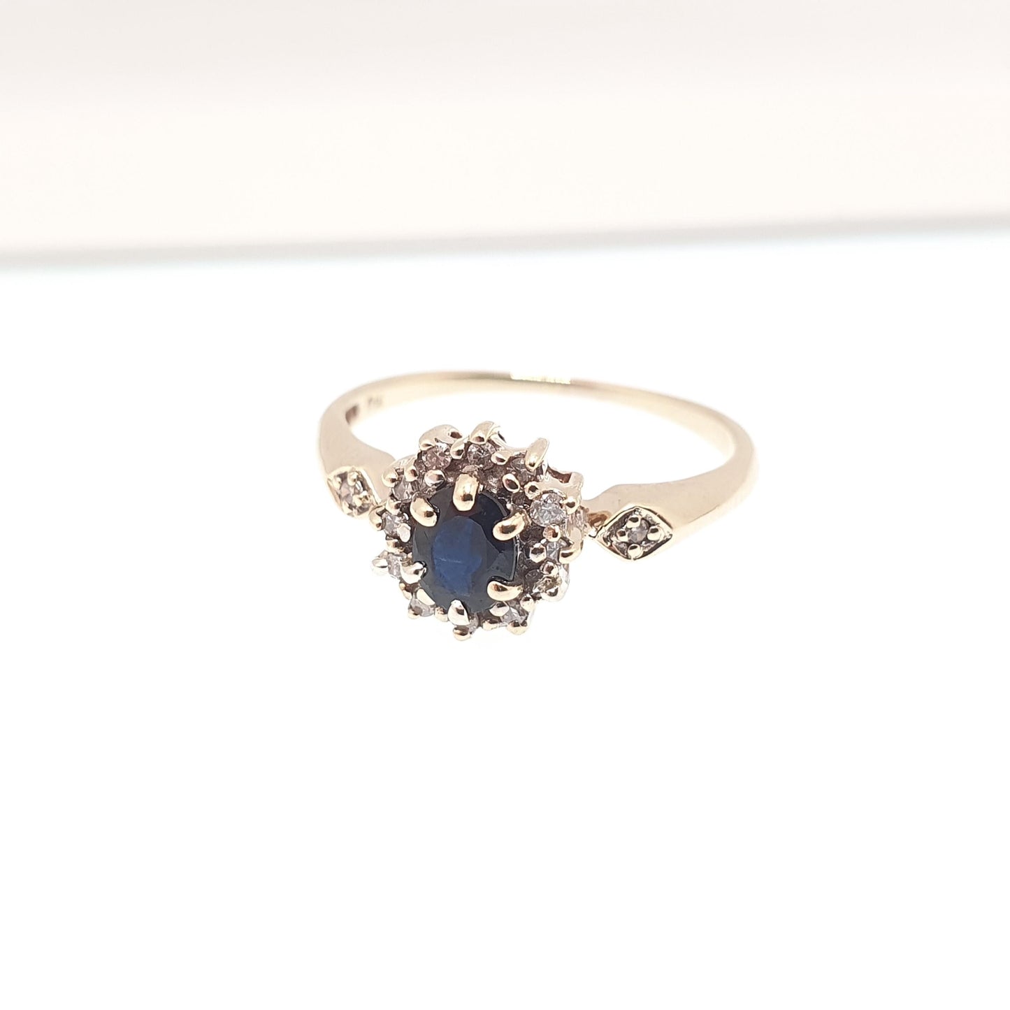 Vintage Diamond & Sapphire 9kt Gold Ring Solid 9ct 9k Cluster Halo Blue Gemstone Retro Womens Jewelry Jewellery