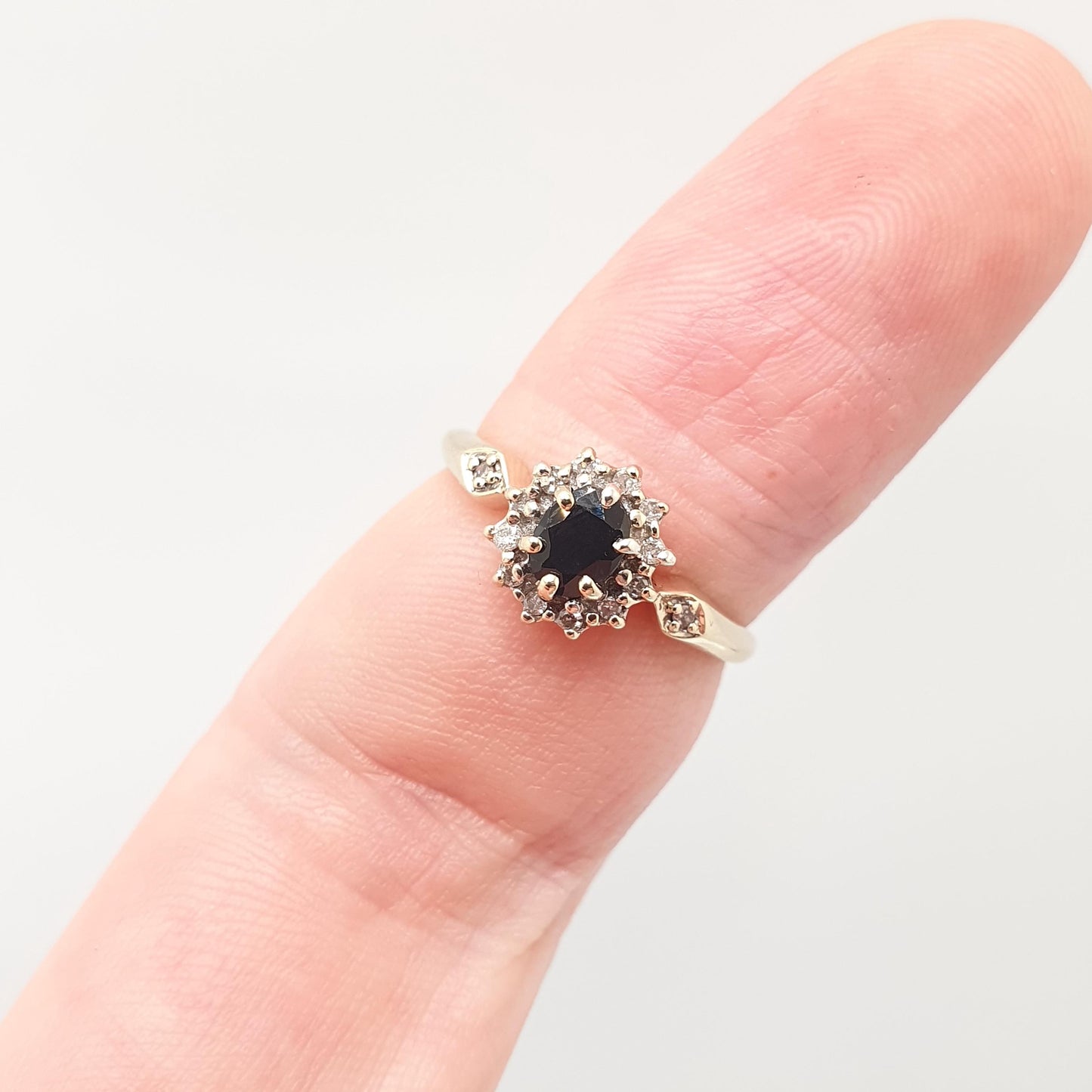 Vintage Diamond & Sapphire 9kt Gold Ring Solid 9ct 9k Cluster Halo Blue Gemstone Retro Womens Jewelry Jewellery