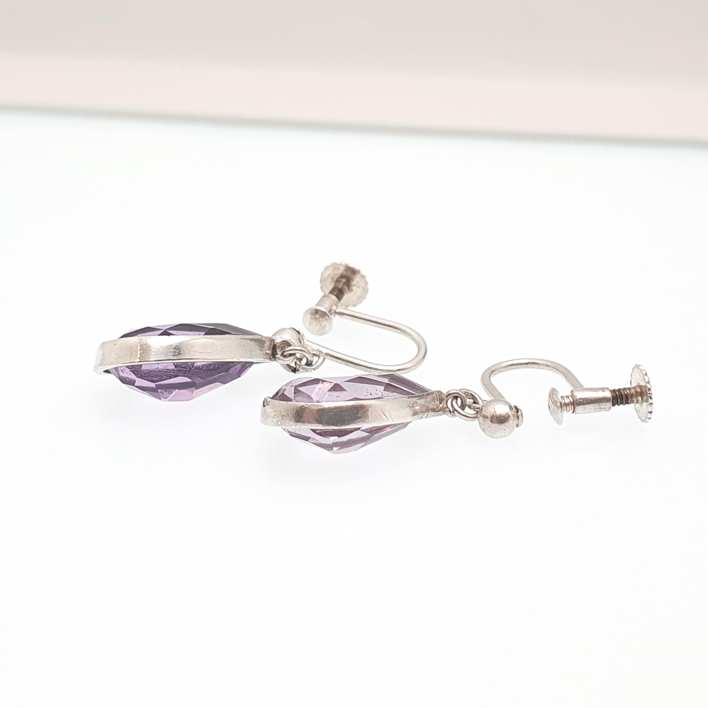 Antique Sterling Silver Natural Amethyst Earrings Pear Cut Purple Gemstone Quartz Screw Back Vintage Jewelry Jewellery