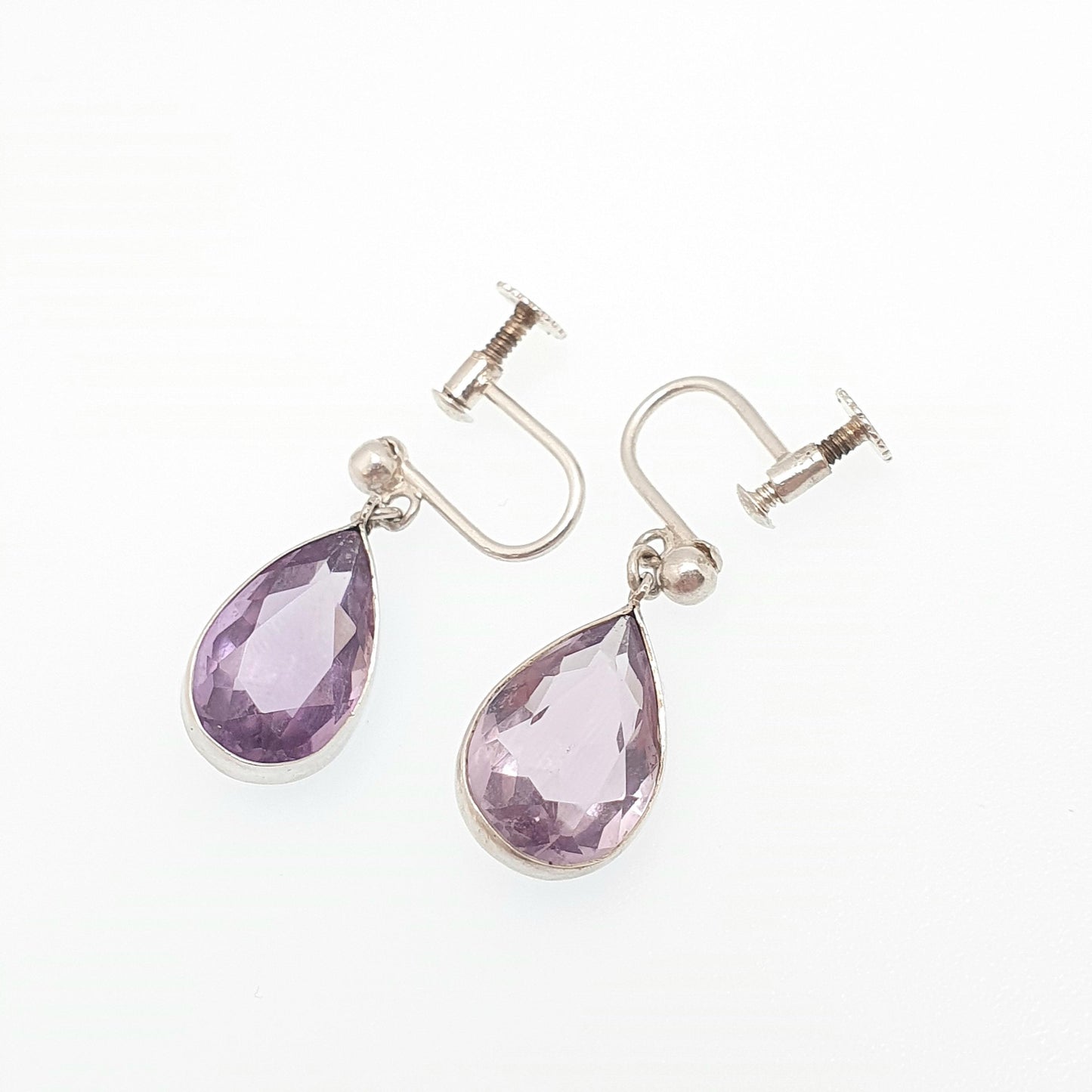 Antique Sterling Silver Natural Amethyst Earrings Pear Cut Purple Gemstone Quartz Screw Back Vintage Jewelry Jewellery