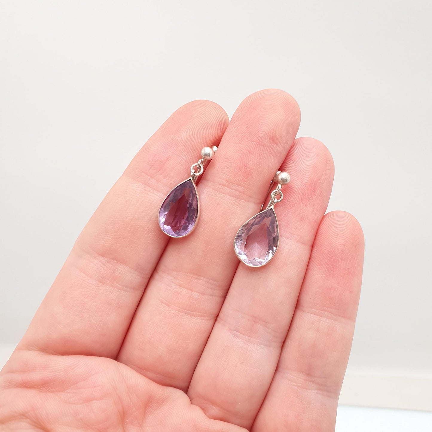 Antique Sterling Silver Natural Amethyst Earrings Pear Cut Purple Gemstone Quartz Screw Back Vintage Jewelry Jewellery